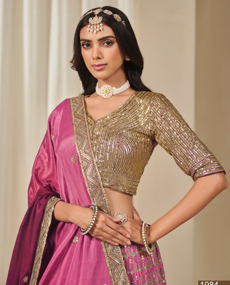 1084-pink - Chinon Trendy Lehenga Choli in Rose Pink with Embroidered Work for Women